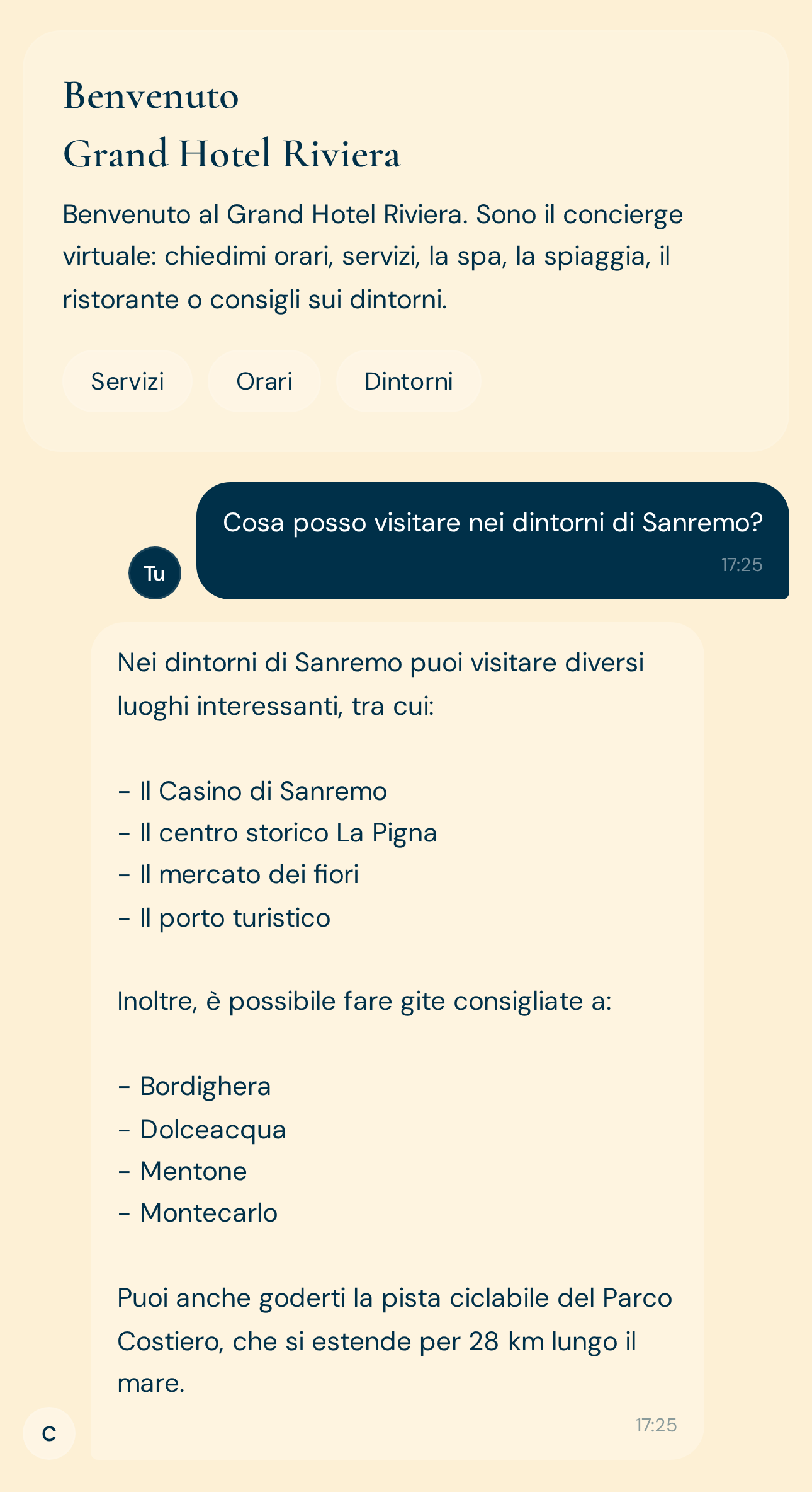 Chat di Helpo: l'assistente risponde a un ospite sui dintorni di Sanremo