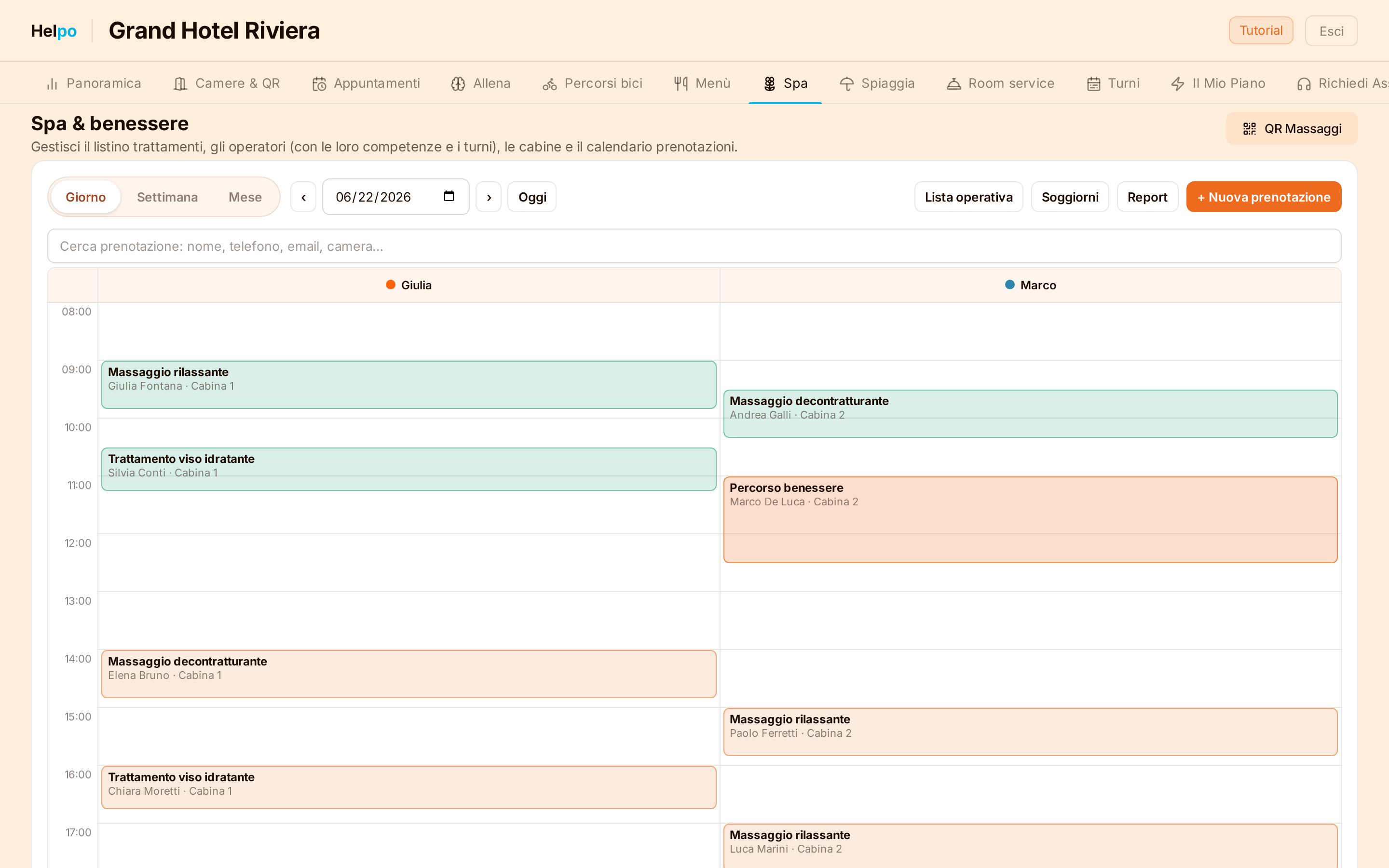 Dashboard Helpo: calendario delle prenotazioni spa con operatori, cabine e trattamenti