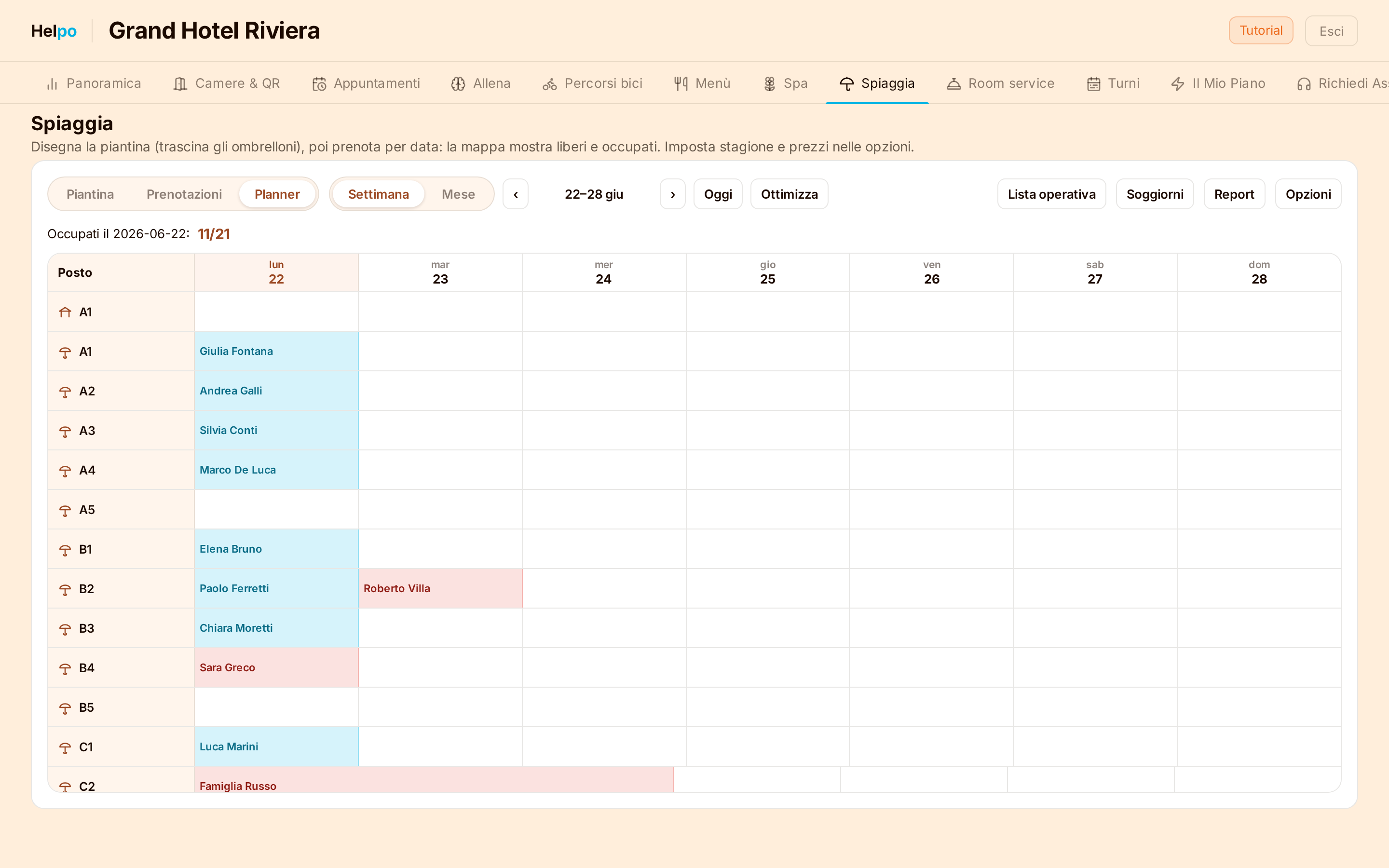 Dashboard Helpo: planner della spiaggia con la mappa degli ombrelloni liberi e occupati