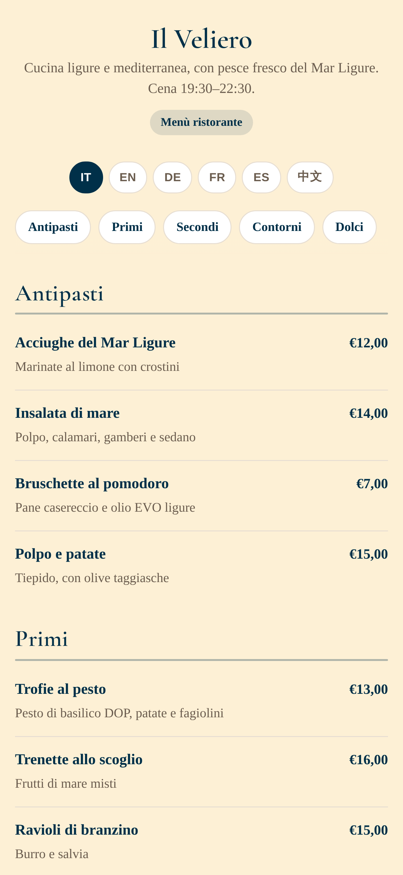 Menù digitale del ristorante Il Veliero, con filtri per portata e prezzi