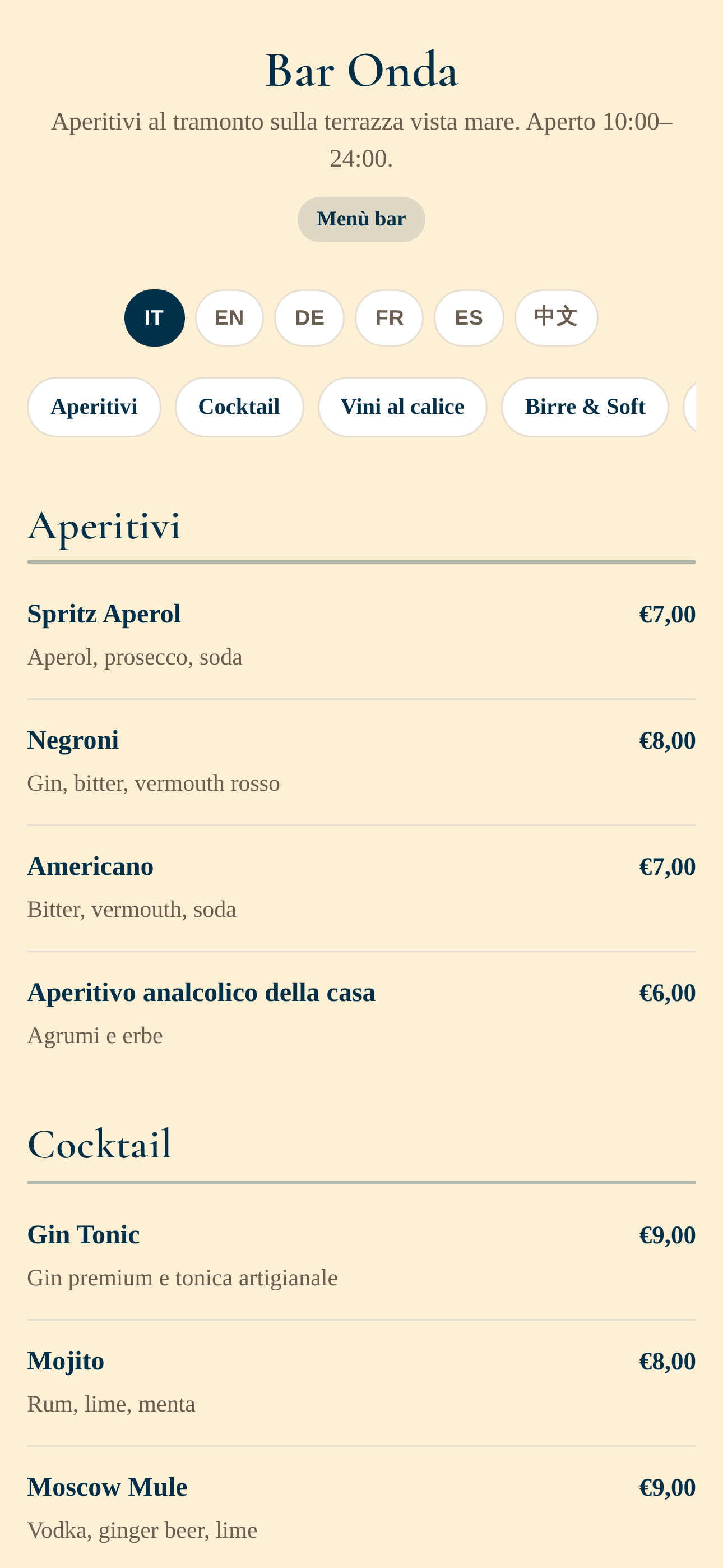 Menù digitale del bar con aperitivi e cocktail