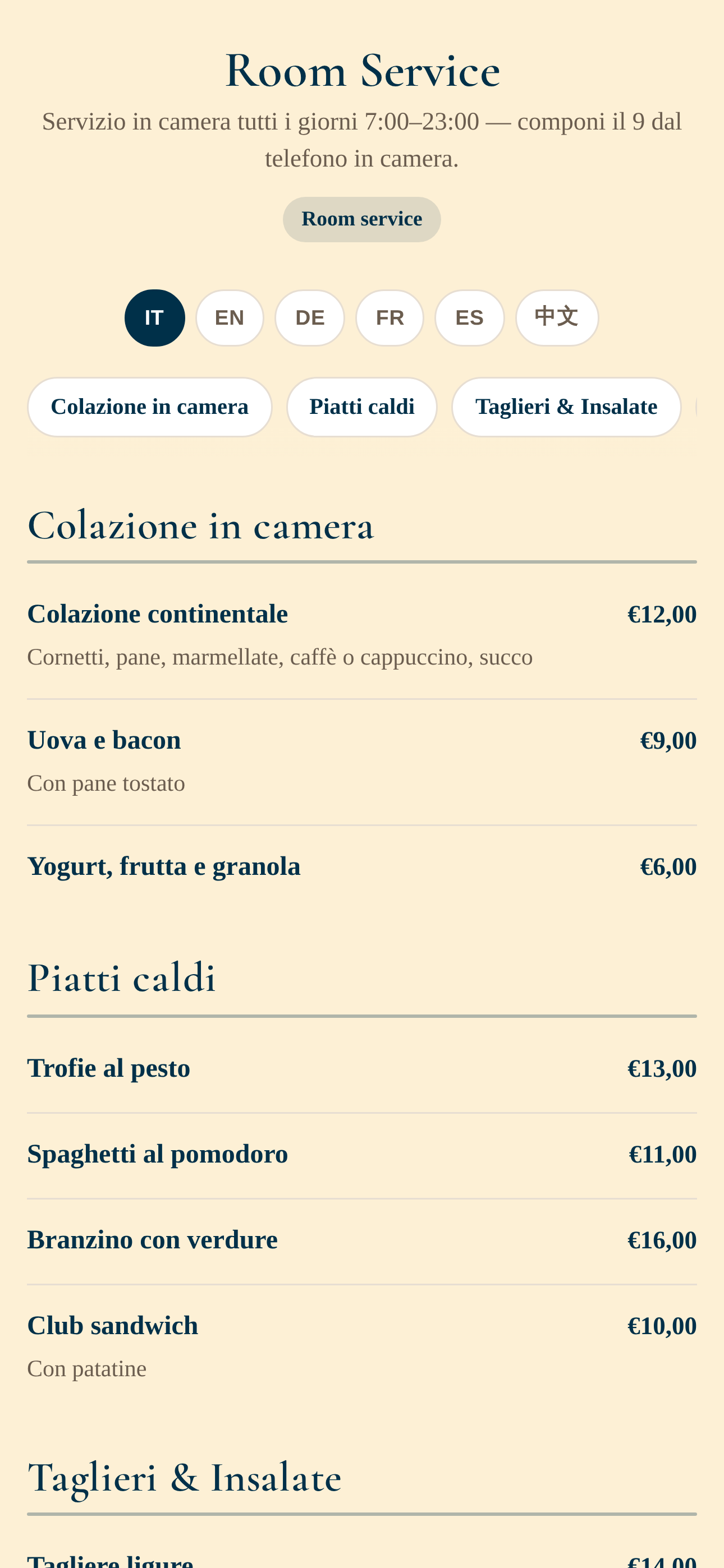 Menù digitale del room service, attivo dalle 7 alle 23